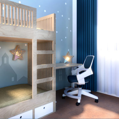 Quarto infantil com beliche de madeira clara, candeeiro de estrela, cadeira branca e azul e cortinas azuis
