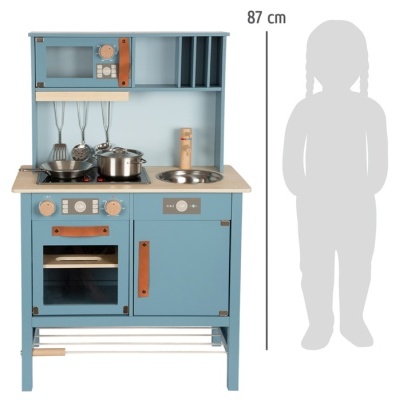 Cozinha de brincar azul com forno, micro-ondas, fogão e pia para crianças