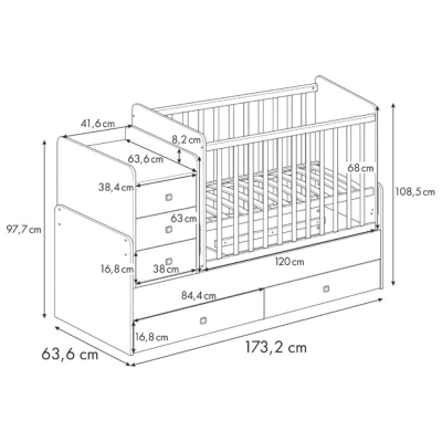 Berço branco de madeira com cómoda lateral e gavetões inferiores com medidas detalhadas.