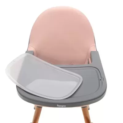 Cadeira alta para bebé cor-de-rosa com tabuleiro cinzento e transparente com pés de madeira