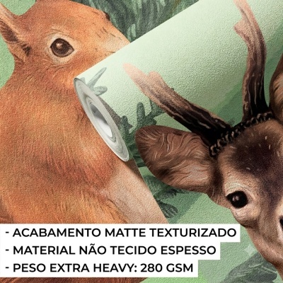 Rolo de papel de parede com padrão de veado em acabamento matte texturizado