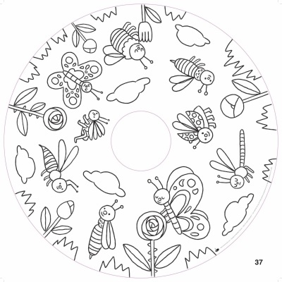 Desenho para colorir com insetos e flores em preto e branco num formato circular