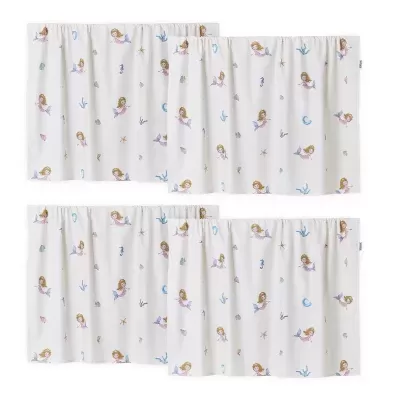 Cortinas brancas com padrão de sereias e elementos marinhos