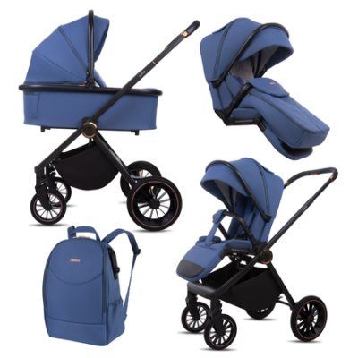 Carrinho de bebé azul com mochila e três configurações de assento.