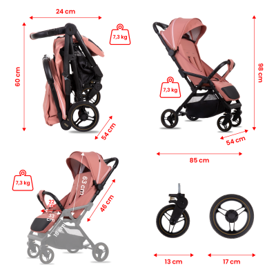 Carrinho de bebé cor de rosa dobrável com medidas e peso detalhados.