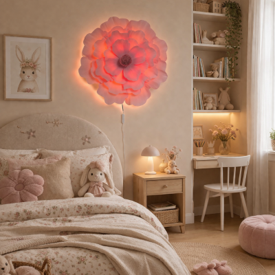 Quarto infantil com decoração em tons de bege e rosa e luminária de parede em forma de flor iluminada