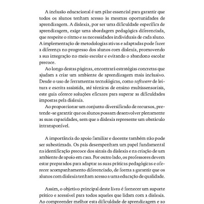 Página de livro com texto em português sobre inclusão e dislexia
