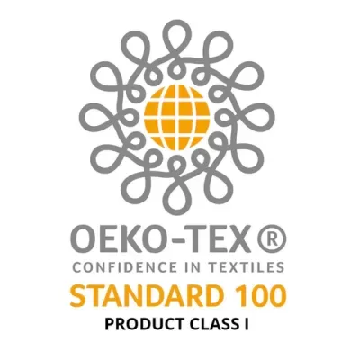 Logótipo OEKO-TEX Standard 100 com globo laranja e padrão cinzento