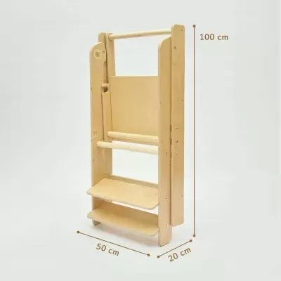 Estrutura de madeira com duas prateleiras e barras horizontais com medidas indicadas.