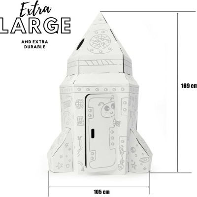 Foguetão de papelão branco com desenhos a preto e medidas visíveis