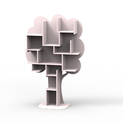 Prateleira branca em forma de árvore com várias divisórias