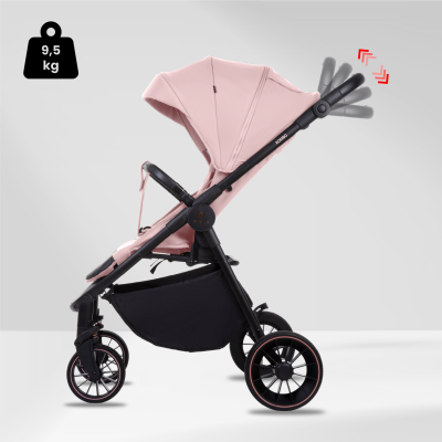 Carrinho de bebé cor de rosa com estrutura preta e ajuste de punho