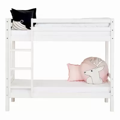 Cama de beliche branca com almofadas decorativas preta e cor-de-rosa