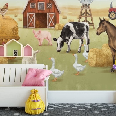Papel de parede com animais de quinta e elementos rurais em ilustração colorida