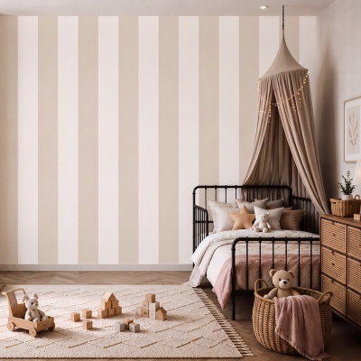 Quarto infantil com cama de ferro e dossel bege iluminado