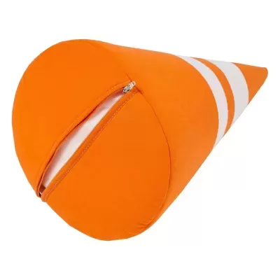 Almofada em forma de cone laranja com riscas brancas e fecho de zíper