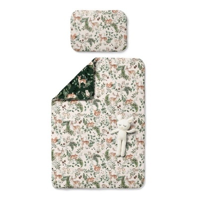 Conjunto de roupa de cama para bebé com padrão de animais da floresta e boneco de tecido branco
