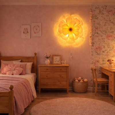 Quarto infantil decorado com móveis e acessórios em madeira e tons rosa com candeeiro de parede em forma de flor.