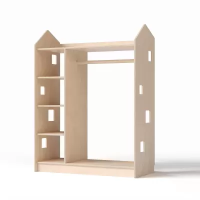 Móvel organizador em madeira clara formato casa com prateleiras e barra para pendurar