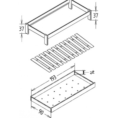 Desenho técnico de estrutura retangular com medidas e três componentes distintos