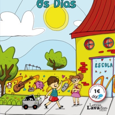 Capa de livro infantil com ilustração de crianças em frente a escola