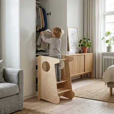 Criança em torre de aprendizagem de madeira alcança guarda-roupa branco aberto com roupas