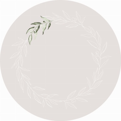 Moldura circular decorativa com folhas verdes e ramos brancos em fundo bege
