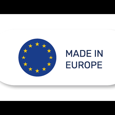Botão branco com símbolo da União Europeia e texto MADE IN EUROPE