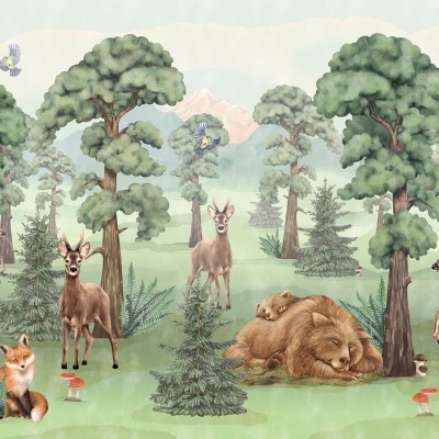 Ilustração de floresta com veados, urso, raposa, esquilo, corujas, borboletas e cogumelos.