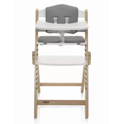 Cadeira de refeição para bebé com estrutura em madeira clara e almofadas cinzentas