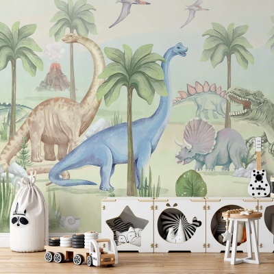 Papel de parede infantil com dinossauros e árvores verdes