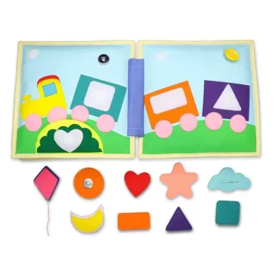 Livro sensorial infantil de tecido com comboio e várias formas geométricas destacadas