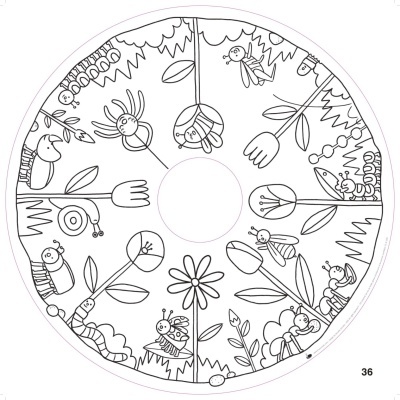 Desenho para colorir circular com flores e vários insetos em contorno preto.