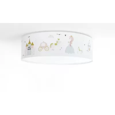 Candeeiro de teto infantil com ilustrações de castelo, carruagem e princesa, fundo branco.