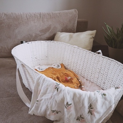 Moíses branco de vime com roupas dentro num sofá cinzento e planta perto da janela