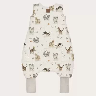 Macacão de bebé branco com estampado de gatos coloridos e punhos cinza claro