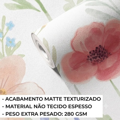 Rolo de papel de parede texturizado com padrão floral e texto descritivo sobre material e acabamento