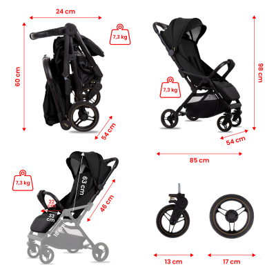 Carrinho de bebé preto com estrutura metálica e rodas desmontadas em fundo branco