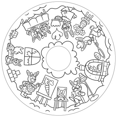 Desenho para colorir com coelhos em várias atividades dentro de casa circular.