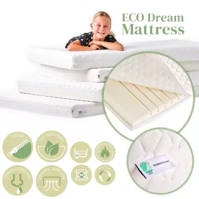 Colchão ECO Dream branco com espuma interna e etiqueta HoppedÃ©ks