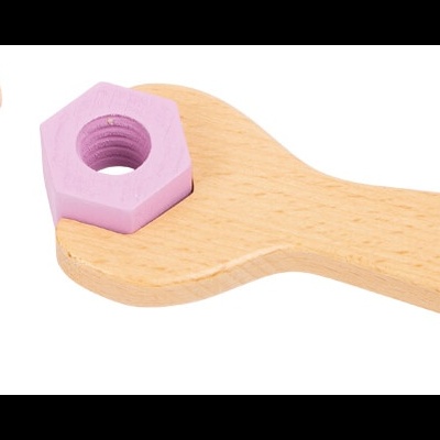Brinquedo chave inglesa de madeira azul com porca e parafuso rosa