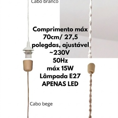 Candeeiros pendentes com cabos branco, bege, e macramé, com texto técnico ao centro
