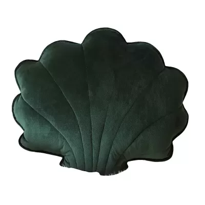 Almofada verde em forma de concha com textura aveludada