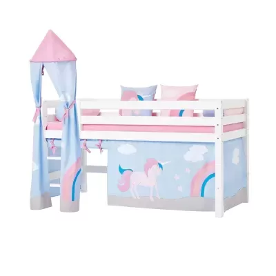 Cama infantil elevada com tema de unicórnio e arco-íris em cores rosa e azul