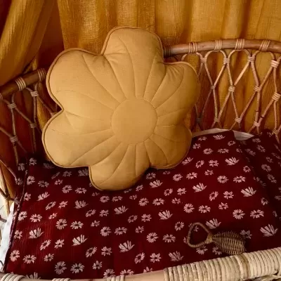 Cadeira de vime com duas almofadas decorativas e fundo amarelo