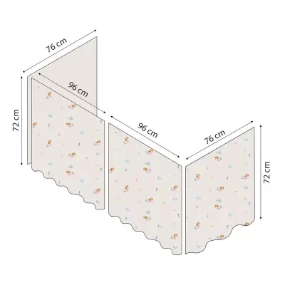 protetor de berço com padrões coloridos e bordas onduladas, dimensões indicadas