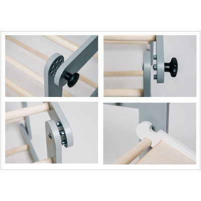 Parte de mobília em madeira clara e estrutura cinza com botões pretos e encaixes