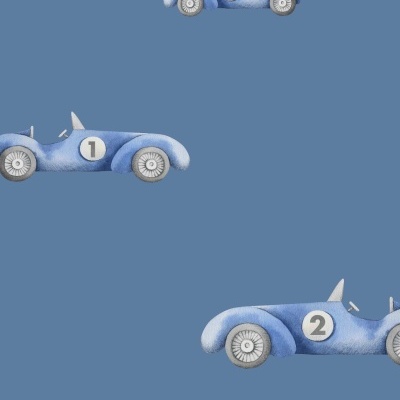 Três carros de corrida azuis ilustrados, numerados 1, 2 e 3, em fundo azul.