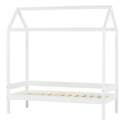 Cama infantil de madeira branca com formato de casinha