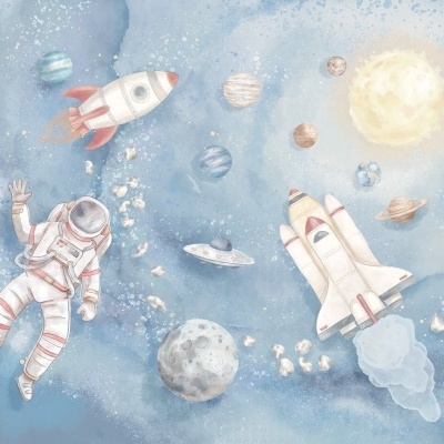 Ilustração de espaço com astronauta, foguetes e planetas